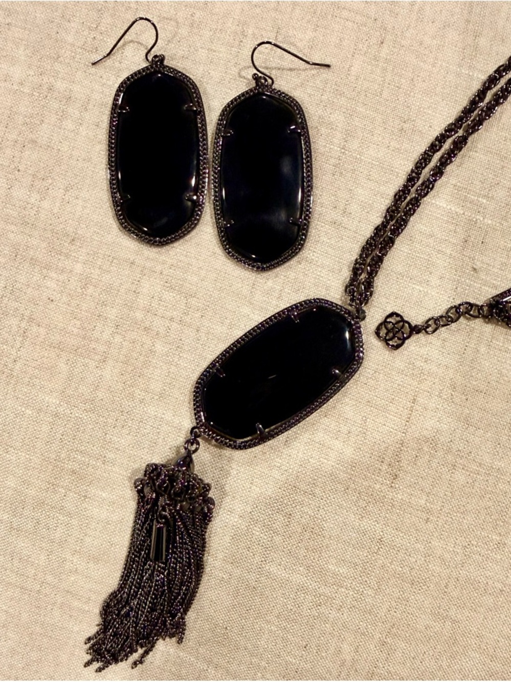 Kendra Scott Ella Set.  Necklace and Earrings Gunmetal with Black Stones.